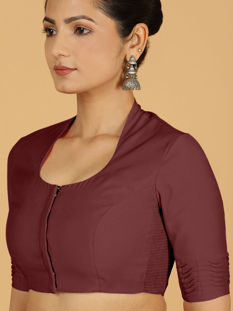 Salma x Rozaana Saree Blouse, in Maroon Viscose, featuring elbow sleeves and pot neckline, made for daily & work (view 5).