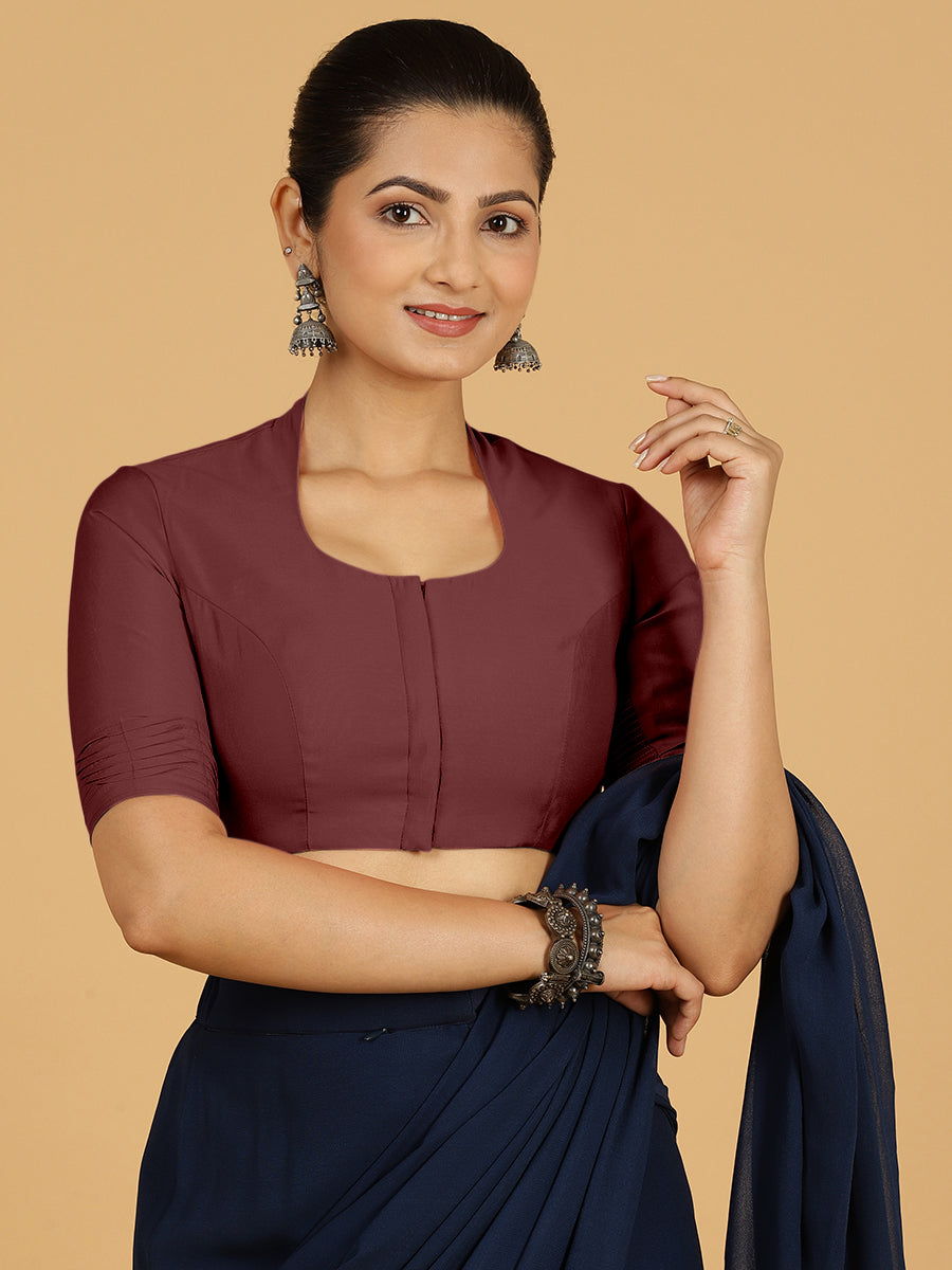 Salma x Rozaana Saree Blouse, in Maroon Viscose, featuring elbow sleeves and pot neckline, made for daily & work (view 8).