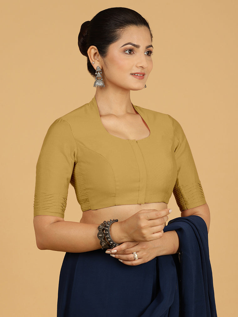 Salma x Rozaana Saree Blouse, in Yellow Viscose, featuring elbow sleeves and pot neckline, made for daily & work.