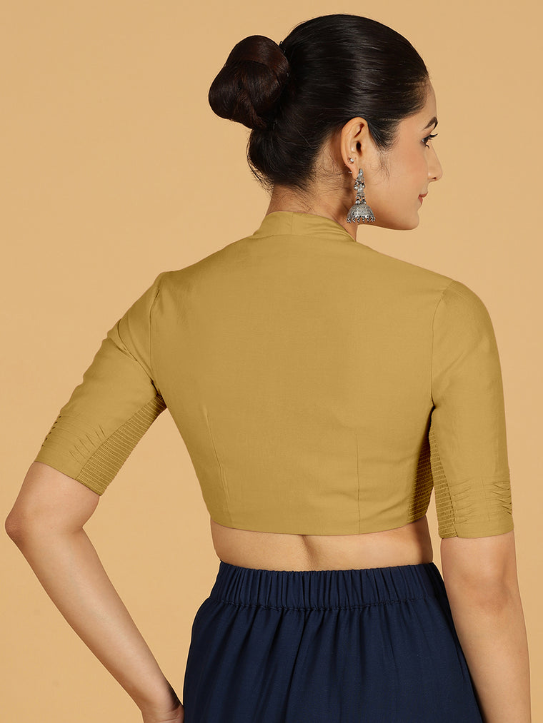 Salma x Rozaana Saree Blouse, in Yellow Viscose, featuring elbow sleeves and pot neckline, made for daily & work (view 2).