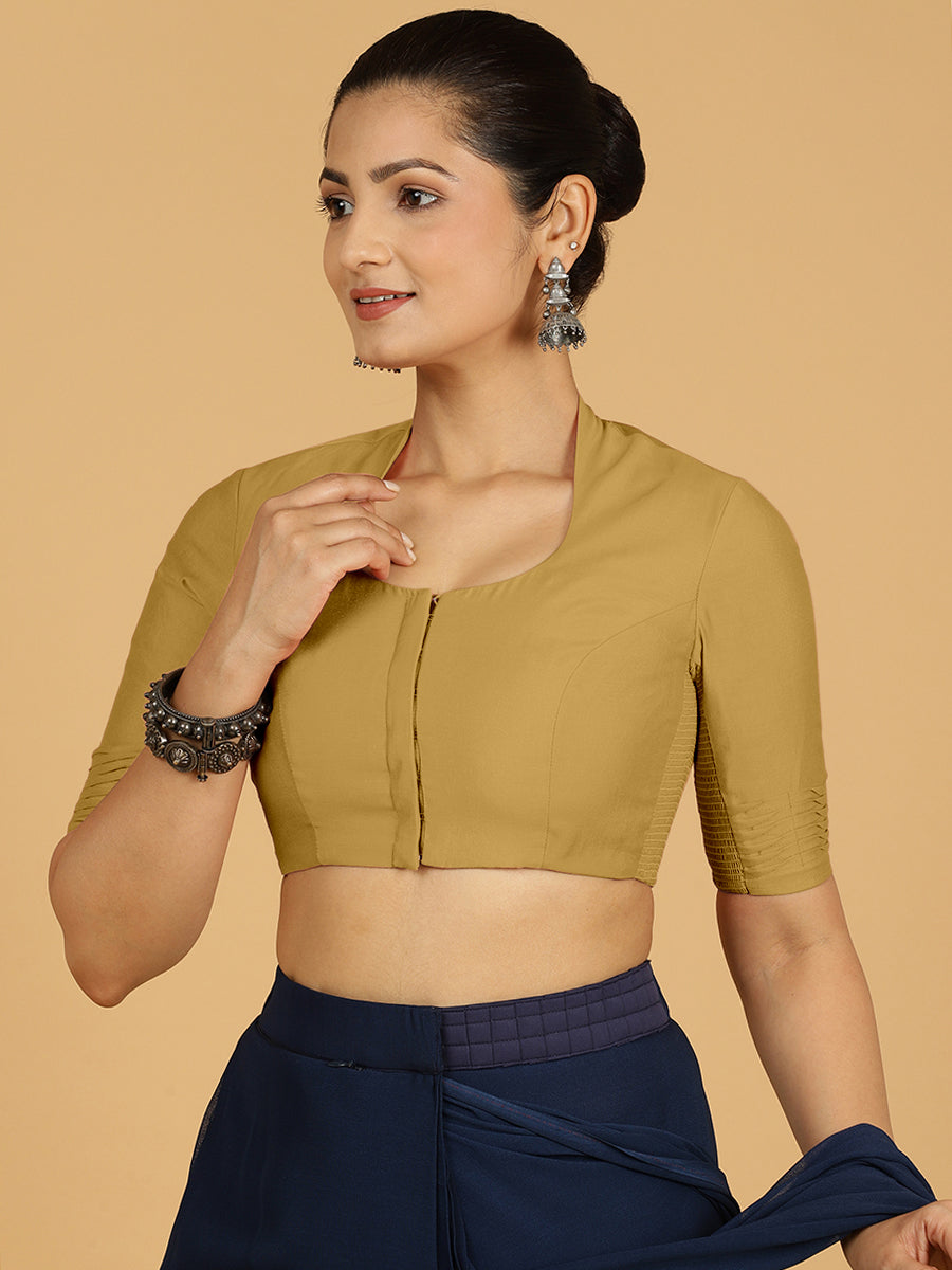 Salma x Rozaana Saree Blouse, in Yellow Viscose, featuring elbow sleeves and pot neckline, made for daily & work (view 6).