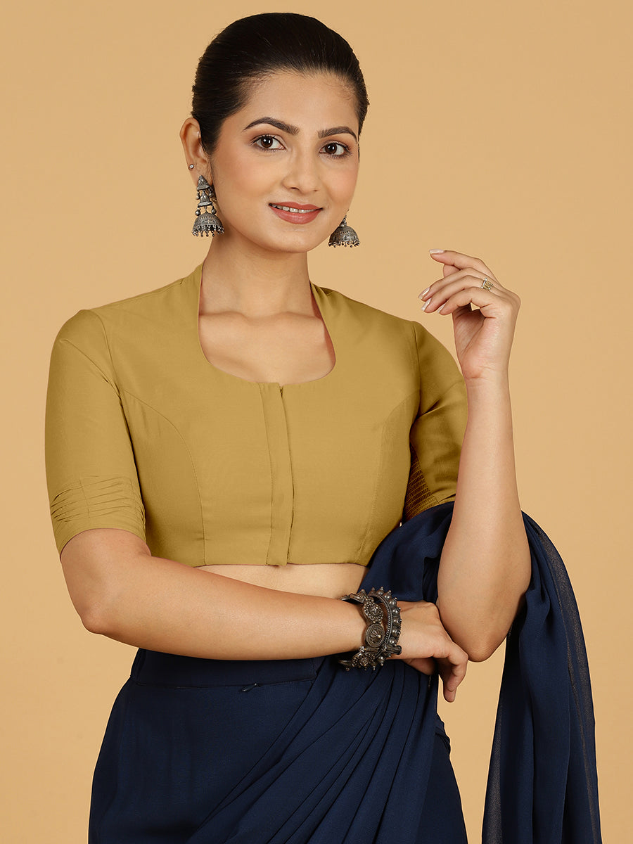 Salma x Rozaana Saree Blouse, in Yellow Viscose, featuring elbow sleeves and pot neckline, made for daily & work (view 8).