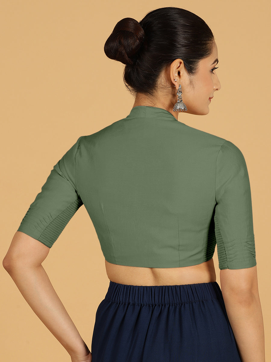 Salma x Rozaana Saree Blouse, in Green Viscose, featuring elbow sleeves and pot neckline, made for daily & work (view 2).