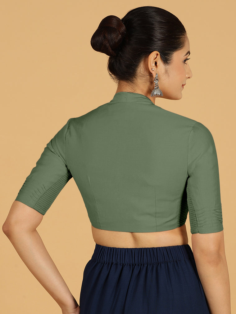 Salma x Rozaana Saree Blouse, in Green Viscose, featuring elbow sleeves and pot neckline, made for daily & work (view 2).