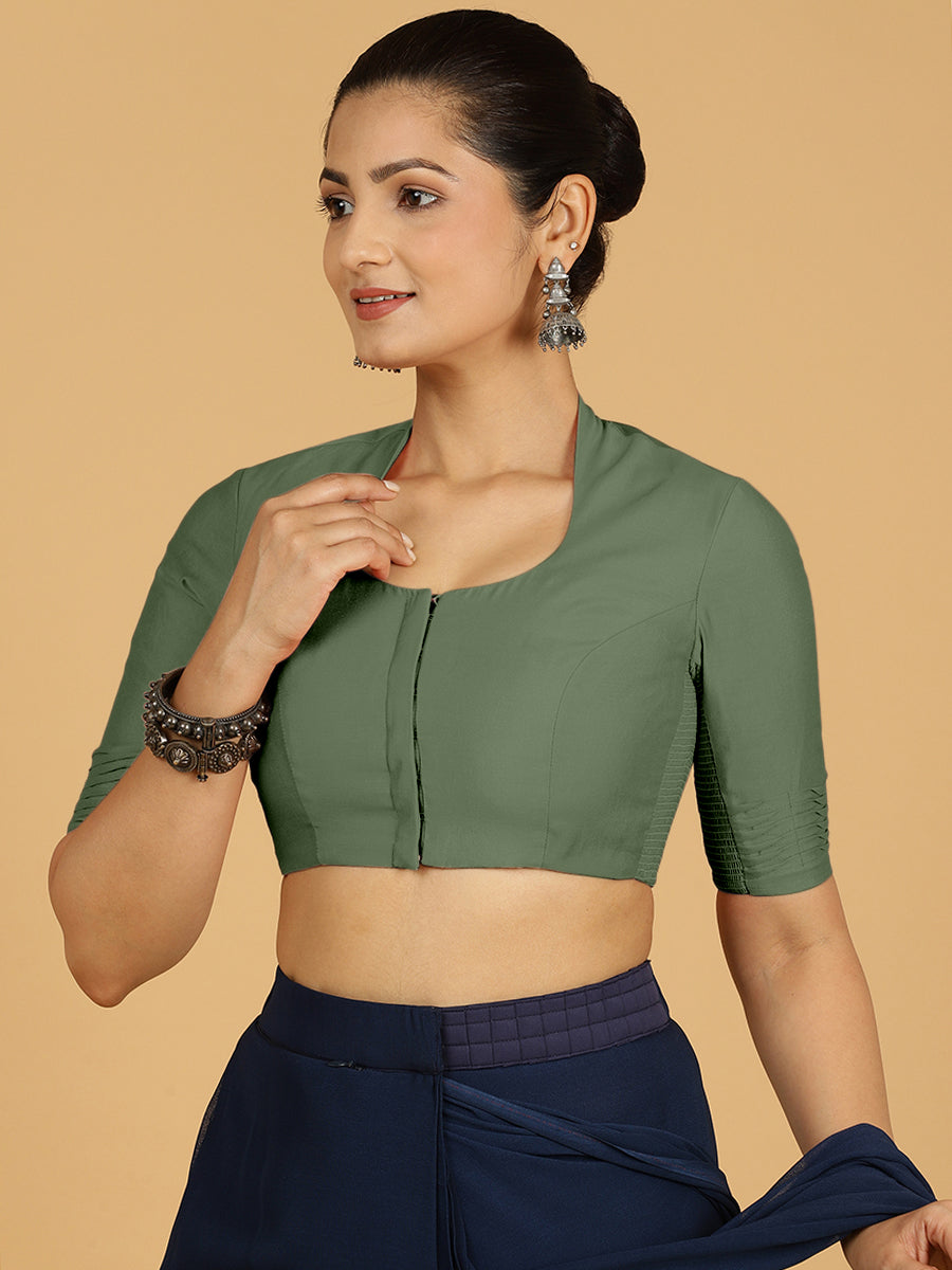 Salma x Rozaana Saree Blouse, in Green Viscose, featuring elbow sleeves and pot neckline, made for daily & work (view 6).