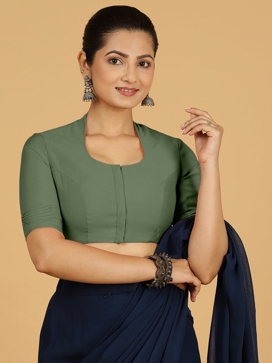 Salma x Rozaana Saree Blouse, in Green Viscose, featuring elbow sleeves and pot neckline, made for daily & work (view 8).