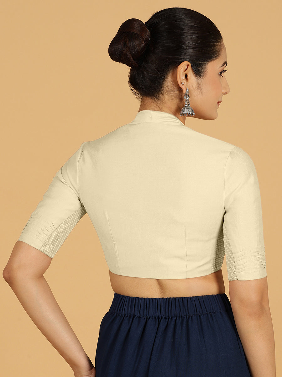 Salma x Rozaana Saree Blouse, in White Viscose, featuring elbow sleeves and pot neckline, made for daily & work (view 2).
