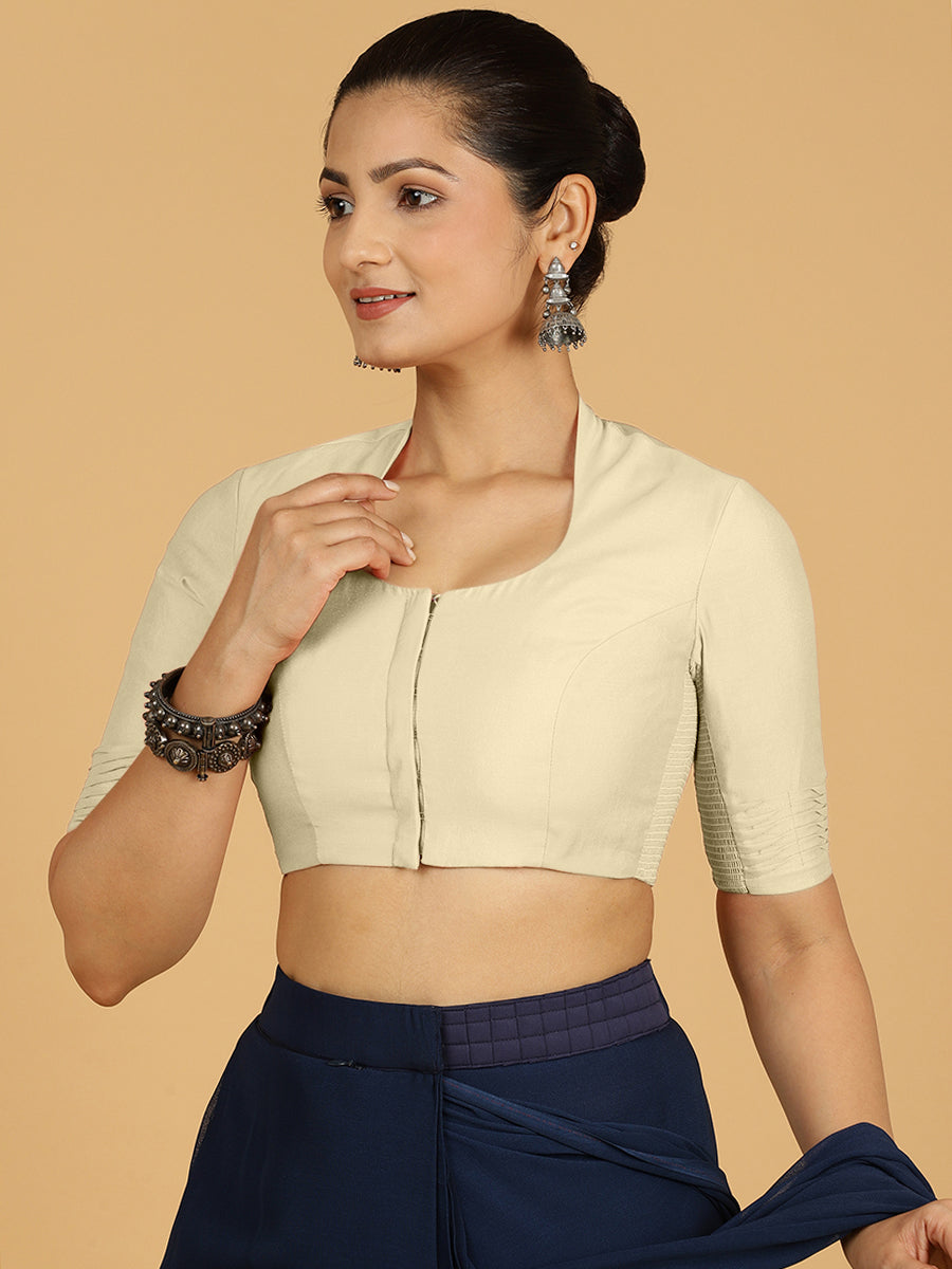 Salma x Rozaana Saree Blouse, in White Viscose, featuring elbow sleeves and pot neckline, made for daily & work (view 6).