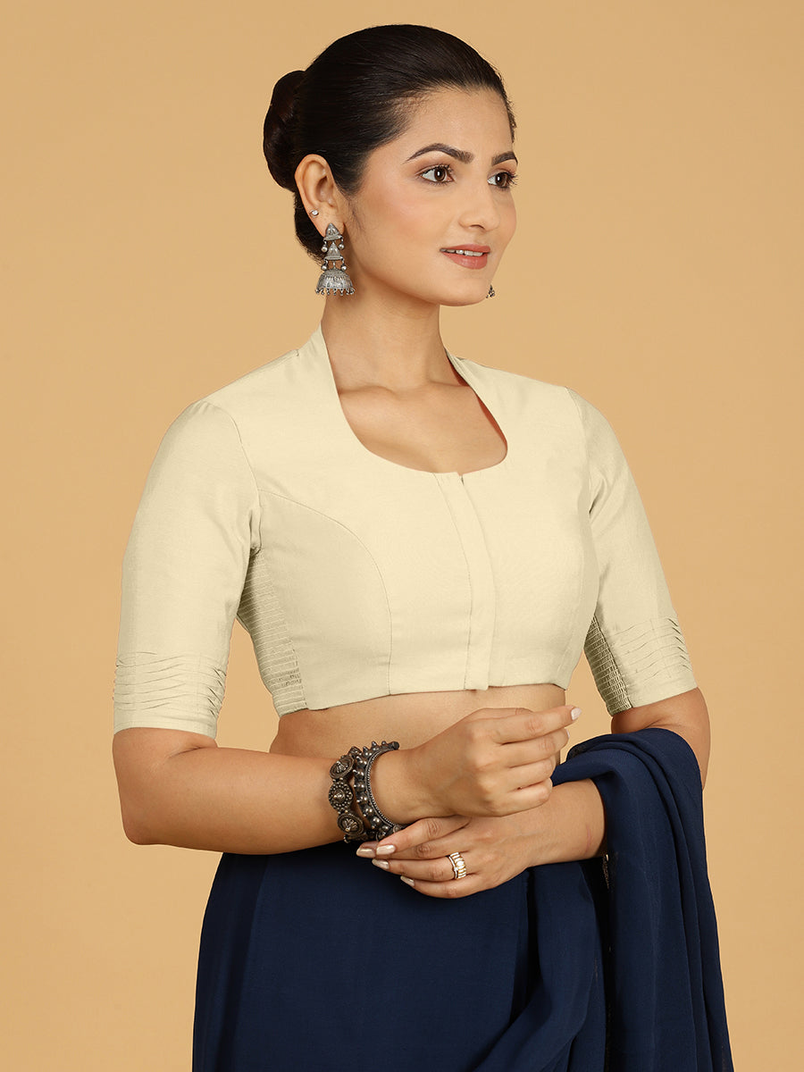 Salma x Rozaana Saree Blouse, in White Viscose, featuring elbow sleeves and pot neckline, made for daily & work (view 7).