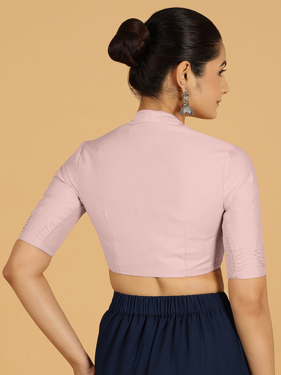 Salma x Rozaana Saree Blouse, in Pink Viscose, featuring elbow sleeves and pot neckline, made for daily & work (view 2).