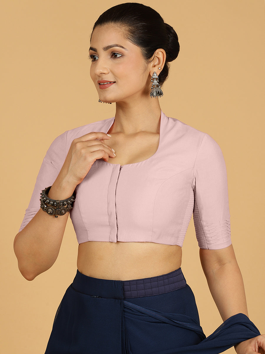 Salma x Rozaana Saree Blouse, in Pink Viscose, featuring elbow sleeves and pot neckline, made for daily & work (view 6).