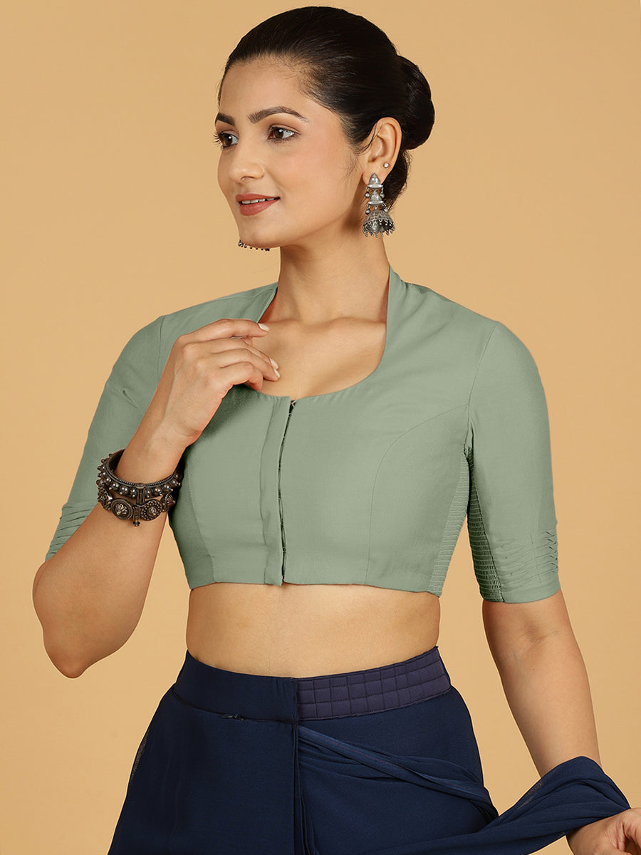 Salma x Rozaana Saree Blouse, in Green Viscose, featuring elbow sleeves and pot neckline, made for daily & work.