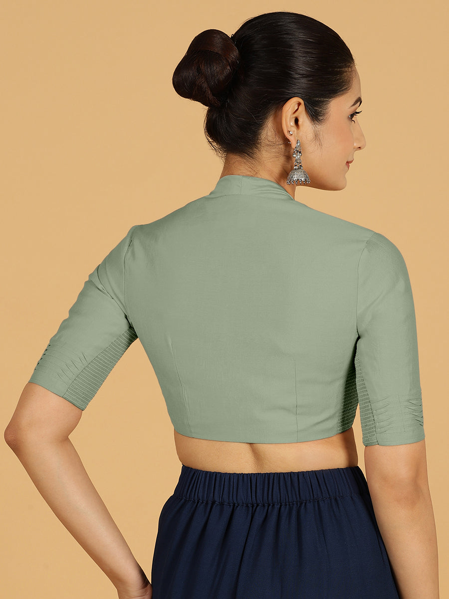 Salma x Rozaana Saree Blouse, in Green Viscose, featuring elbow sleeves and pot neckline, made for daily & work (view 2).
