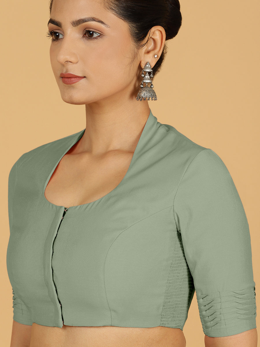 Salma x Rozaana Saree Blouse, in Green Viscose, featuring elbow sleeves and pot neckline, made for daily & work (view 5).