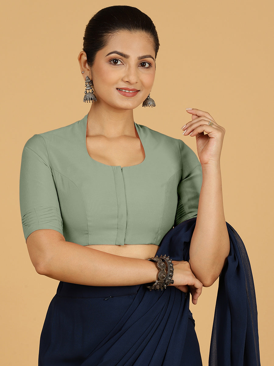 Salma x Rozaana Saree Blouse, in Green Viscose, featuring elbow sleeves and pot neckline, made for daily & work (view 8).