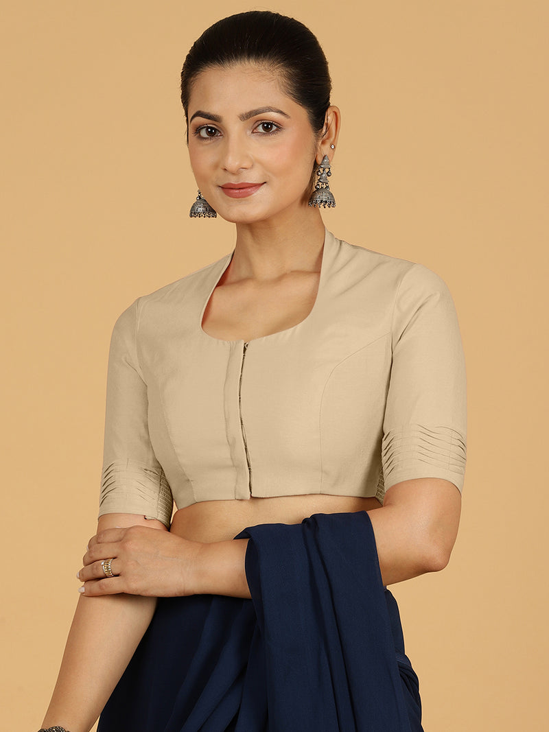 Salma x Rozaana | Elbow Sleeves Saree Blouse in Oyster Grey-Binks