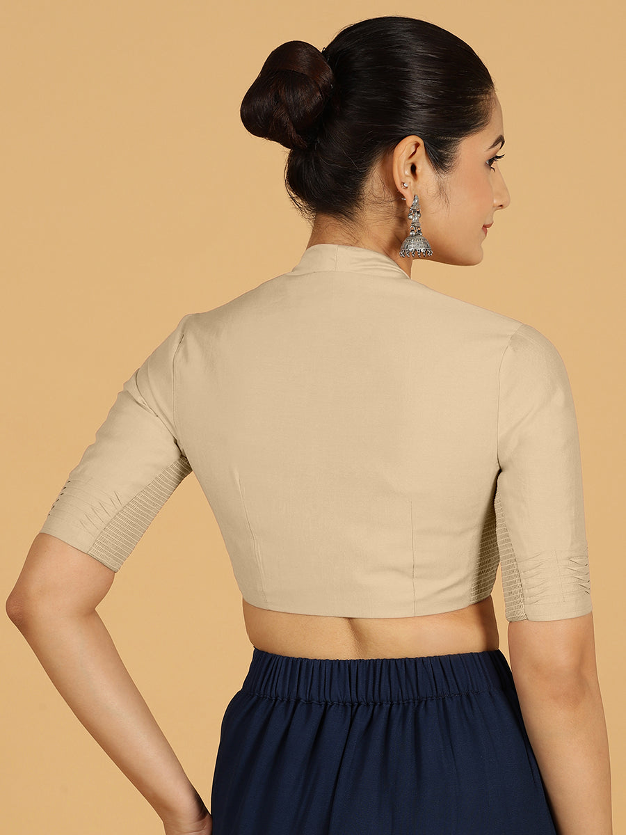 Salma x Rozaana Saree Blouse, in Grey Viscose, featuring elbow sleeves and pot neckline, made for daily & work (view 2).