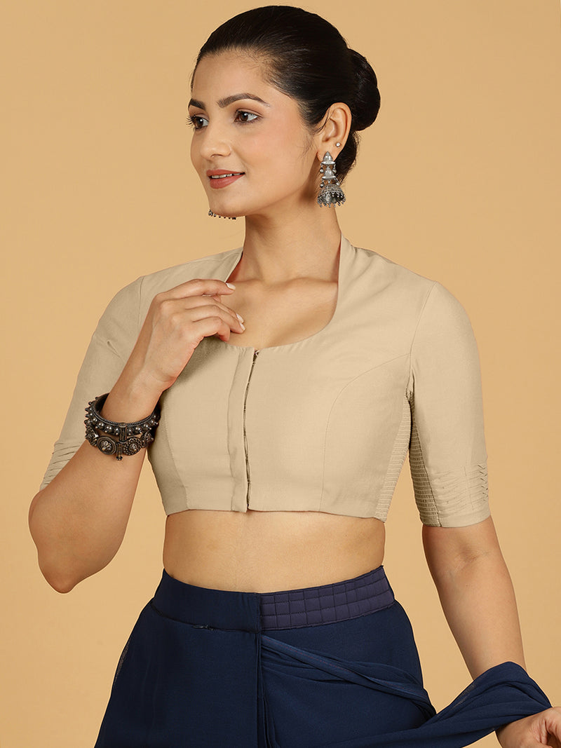 Salma x Rozaana | Elbow Sleeves Saree Blouse in Oyster Grey-Binks