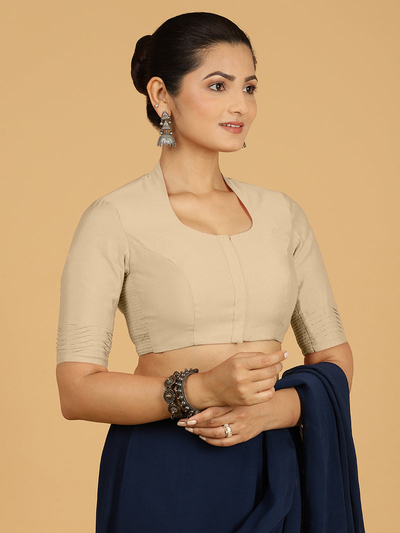 Salma x Rozaana | Elbow Sleeves Saree Blouse in Oyster Grey-Binks