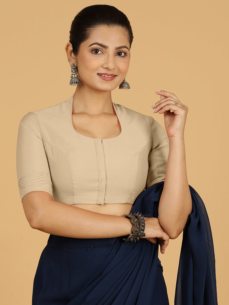 Salma x Rozaana | Elbow Sleeves Saree Blouse in Oyster Grey-Binks