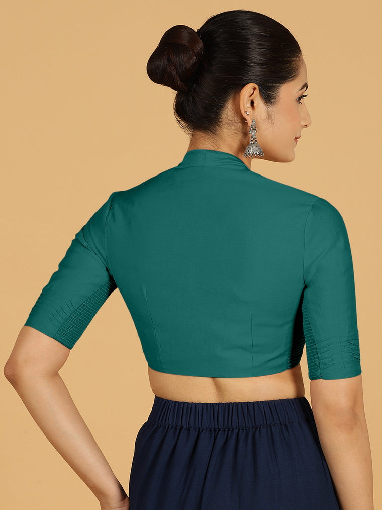 Salma x Rozaana Saree Blouse, in Green Viscose, featuring elbow sleeves and pot neckline, made for daily & work (view 2).