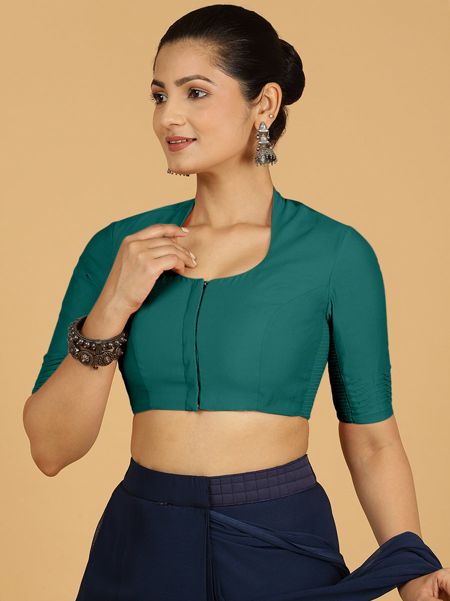 Salma x Rozaana Saree Blouse, in Green Viscose, featuring elbow sleeves and pot neckline, made for daily & work (view 6).