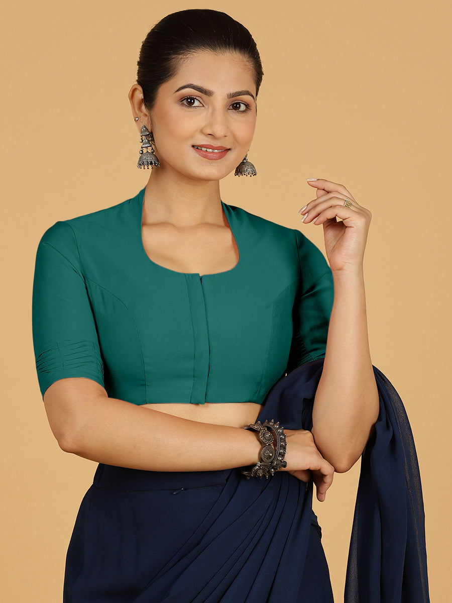 Salma x Rozaana Saree Blouse, in Green Viscose, featuring elbow sleeves and pot neckline, made for daily & work (view 8).