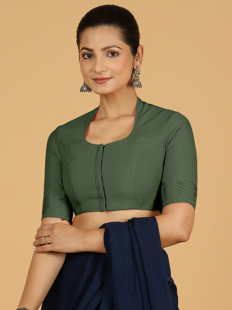 Salma x Rozaana | Elbow Sleeves Saree Blouse in Pine Green-Binks