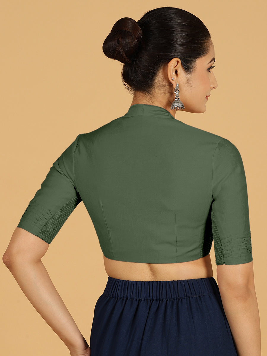 Salma x Rozaana Saree Blouse, in Green Viscose, featuring elbow sleeves and pot neckline, made for daily & work (view 2).