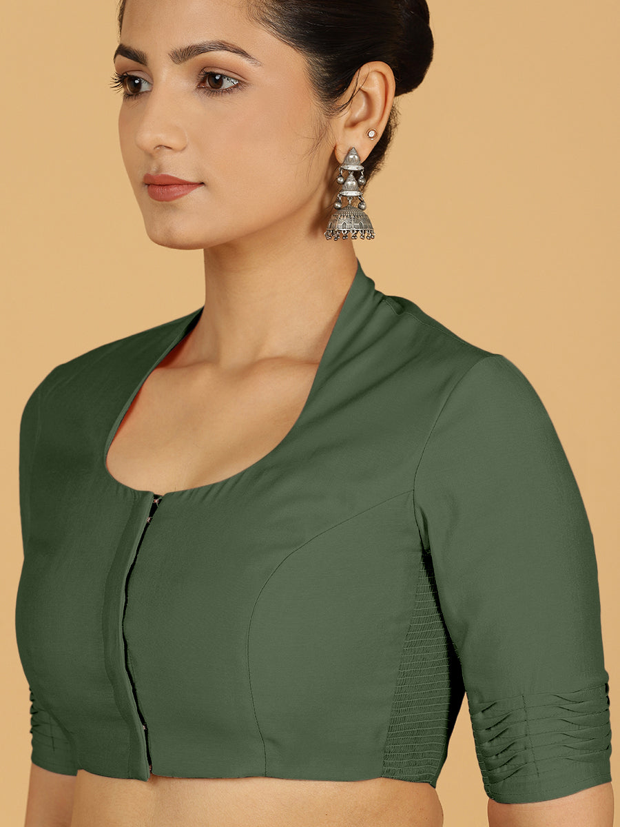 Salma x Rozaana Saree Blouse, in Green Viscose, featuring elbow sleeves and pot neckline, made for daily & work (view 5).