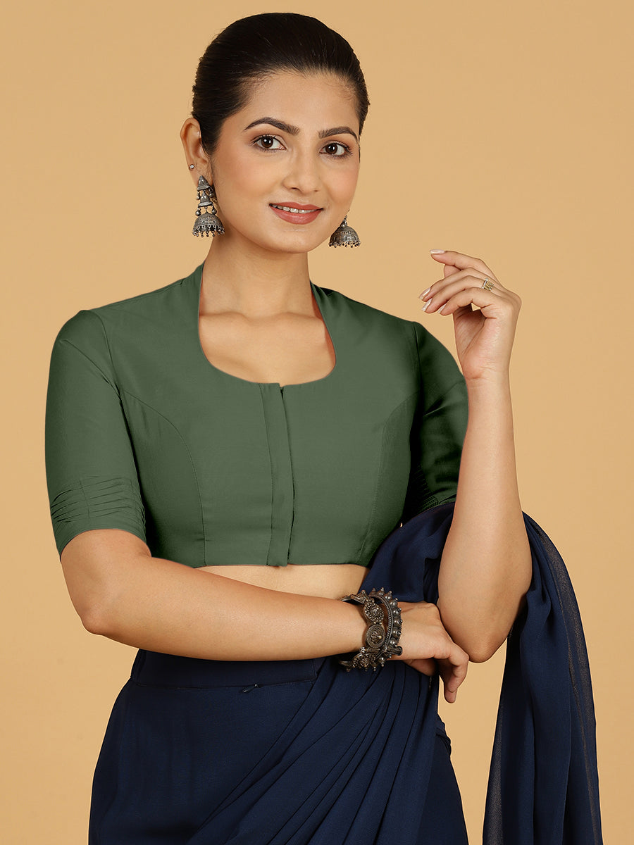 Salma x Rozaana Saree Blouse, in Green Viscose, featuring elbow sleeves and pot neckline, made for daily & work (view 8).