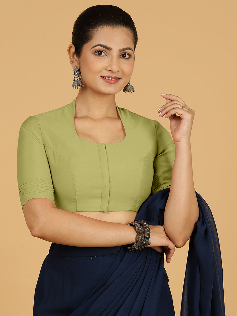 Salma x Rozaana Saree Blouse, in Green Viscose, featuring elbow sleeves and curved v-neckline, made for daily & work.
