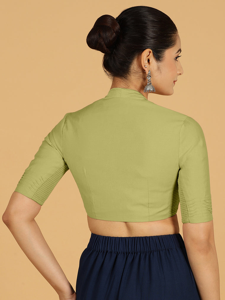 Salma x Rozaana Saree Blouse, in Green Viscose, featuring elbow sleeves and curved v-neckline, made for daily & work (view 2).