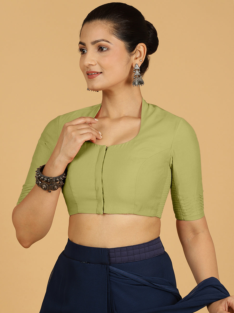 Salma x Rozaana Saree Blouse, in Green Viscose, featuring elbow sleeves and curved v-neckline, made for daily & work (view 6).