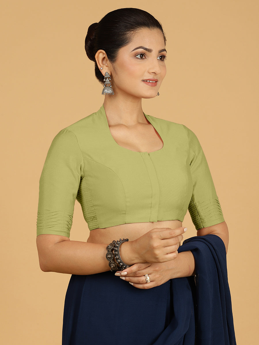Salma x Rozaana Saree Blouse, in Green Viscose, featuring elbow sleeves and curved v-neckline, made for daily & work (view 7).