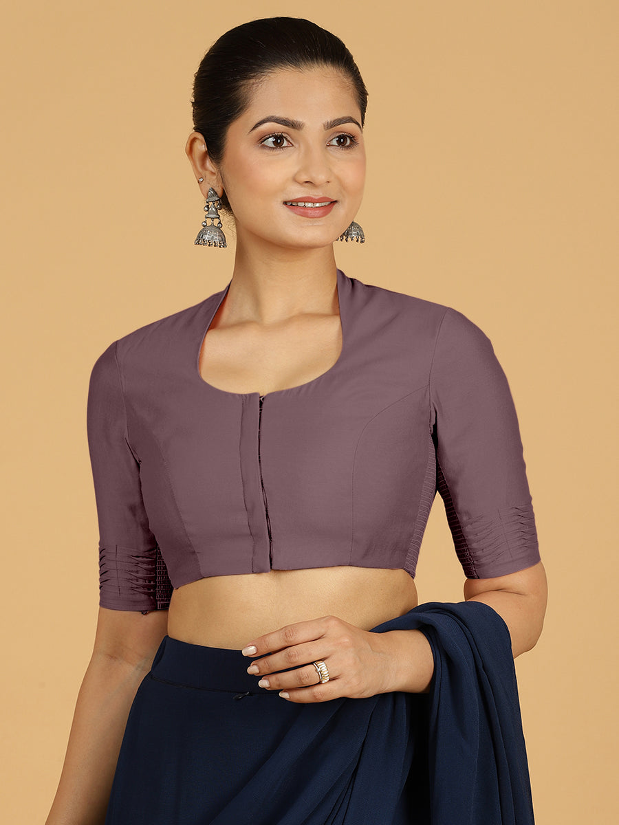 Salma x Rozaana Saree Blouse, in Purple Viscose, featuring elbow sleeves and pot neckline, made for daily & work.