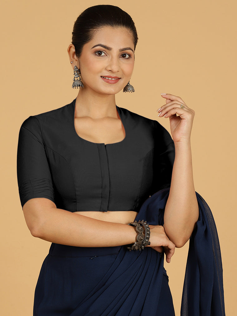 Salma x Rozaana Saree Blouse, in Black Viscose, featuring elbow sleeves and pot neckline, made for daily & work.