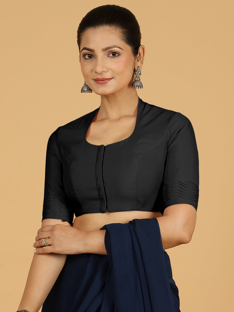 Salma x Rozaana | Elbow Sleeves Saree Blouse in Raven Black-Binks