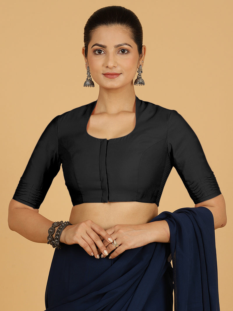Salma x Rozaana | Elbow Sleeves Saree Blouse in Raven Black-Binks