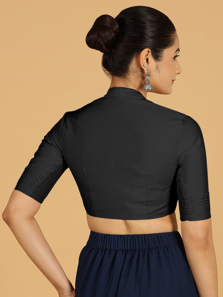 Salma x Rozaana Saree Blouse, in Black Viscose, featuring elbow sleeves and pot neckline, made for daily & work (view 2).