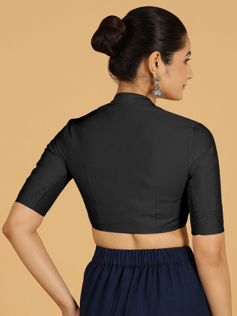 Salma x Rozaana Saree Blouse, in Black Viscose, featuring elbow sleeves and pot neckline, made for daily & work (view 2).