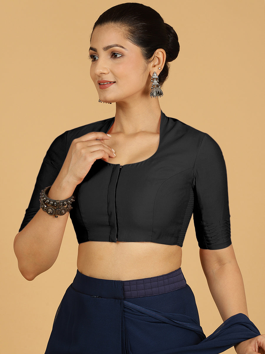 Salma x Rozaana Saree Blouse, in Black Viscose, featuring elbow sleeves and pot neckline, made for daily & work (view 6).