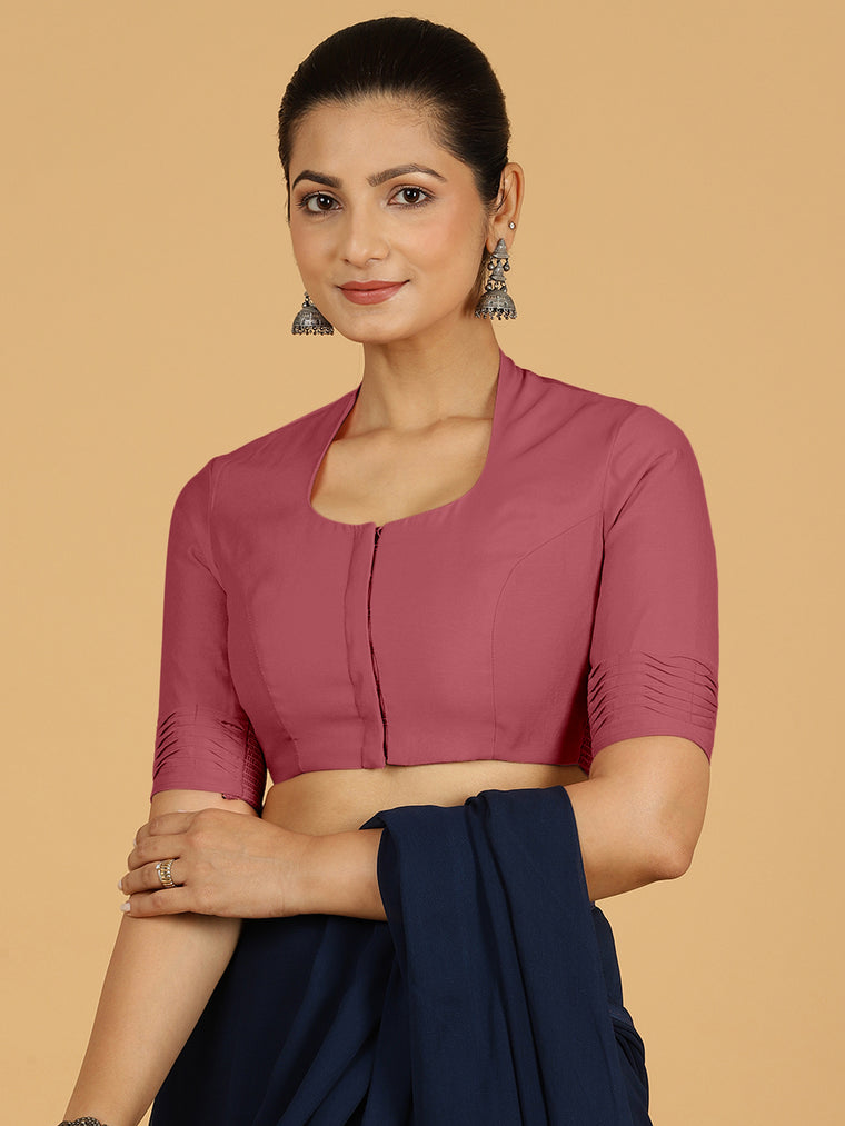 Salma x Rozaana Saree Blouse, in Pink Viscose, featuring elbow sleeves and pot neckline, made for daily & work.