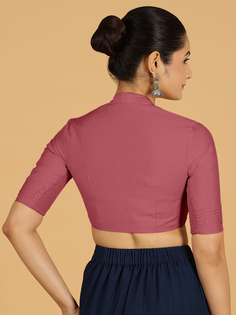 Salma x Rozaana Saree Blouse, in Pink Viscose, featuring elbow sleeves and pot neckline, made for daily & work (view 2).