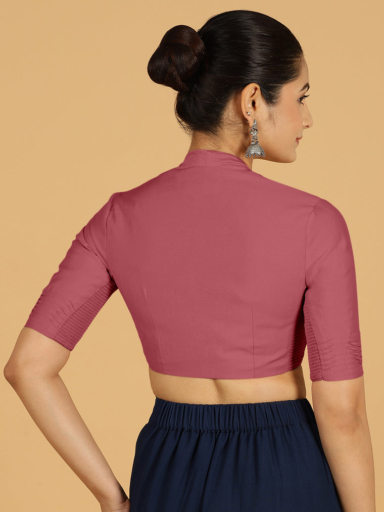 Salma x Rozaana Saree Blouse, in Pink Viscose, featuring elbow sleeves and pot neckline, made for daily & work (view 2).