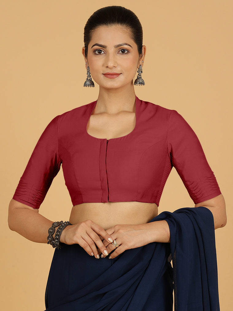 Salma x Rozaana Saree Blouse, in Red Viscose, featuring elbow sleeves and pot neckline, made for daily & work.