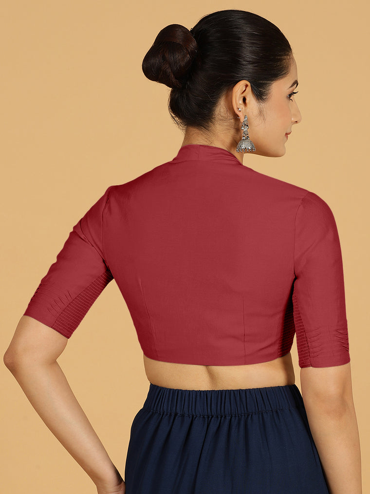 Salma x Rozaana Saree Blouse, in Red Viscose, featuring elbow sleeves and pot neckline, made for daily & work (view 2).