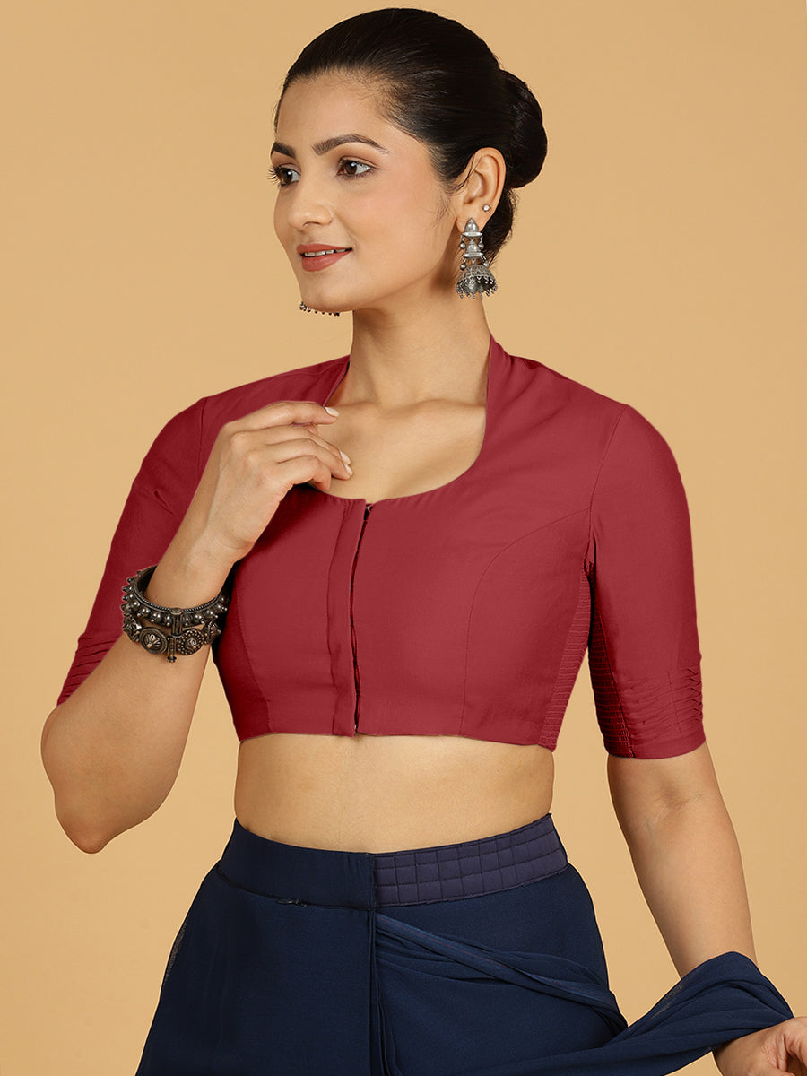 Salma x Rozaana Saree Blouse, in Red Viscose, featuring elbow sleeves and pot neckline, made for daily & work (view 6).