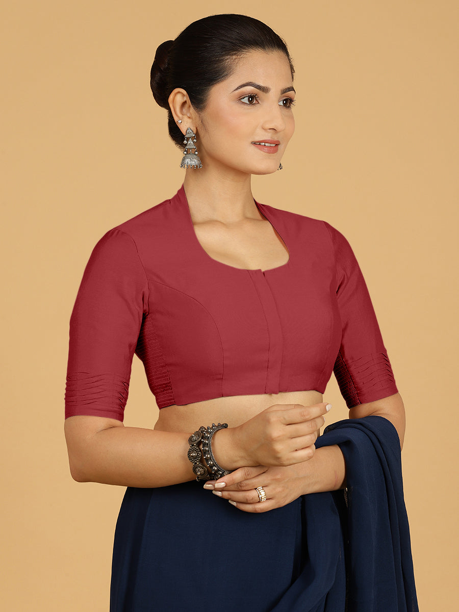 Salma x Rozaana Saree Blouse, in Red Viscose, featuring elbow sleeves and pot neckline, made for daily & work (view 7).