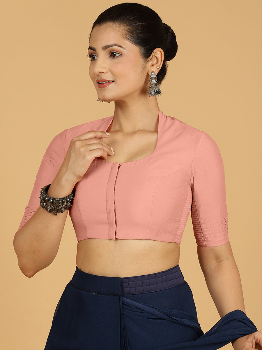 Salma x Rozaana Saree Blouse, in Pink Viscose, featuring elbow sleeves and pot neckline, made for daily & work.